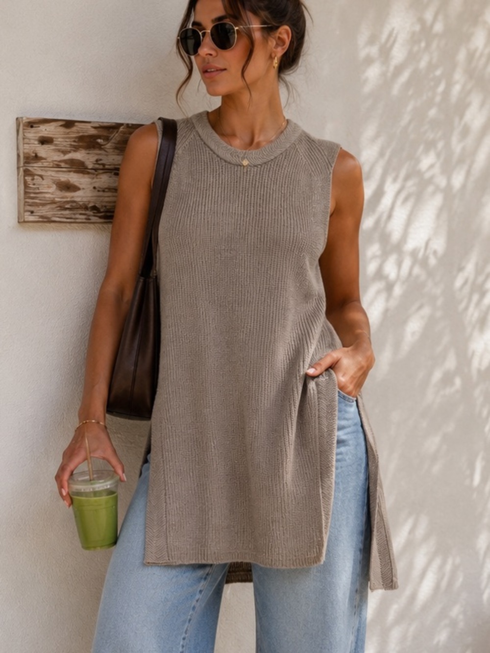 Aritzia Wilfred Palmier Sleeveless Knit 100% Wool Tunic Top Blouse Taupe Tan S